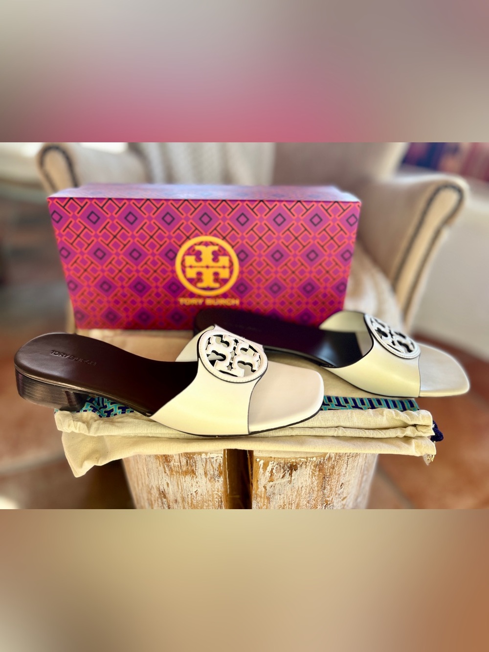 Tory Burch Cream Logo Slide Mules